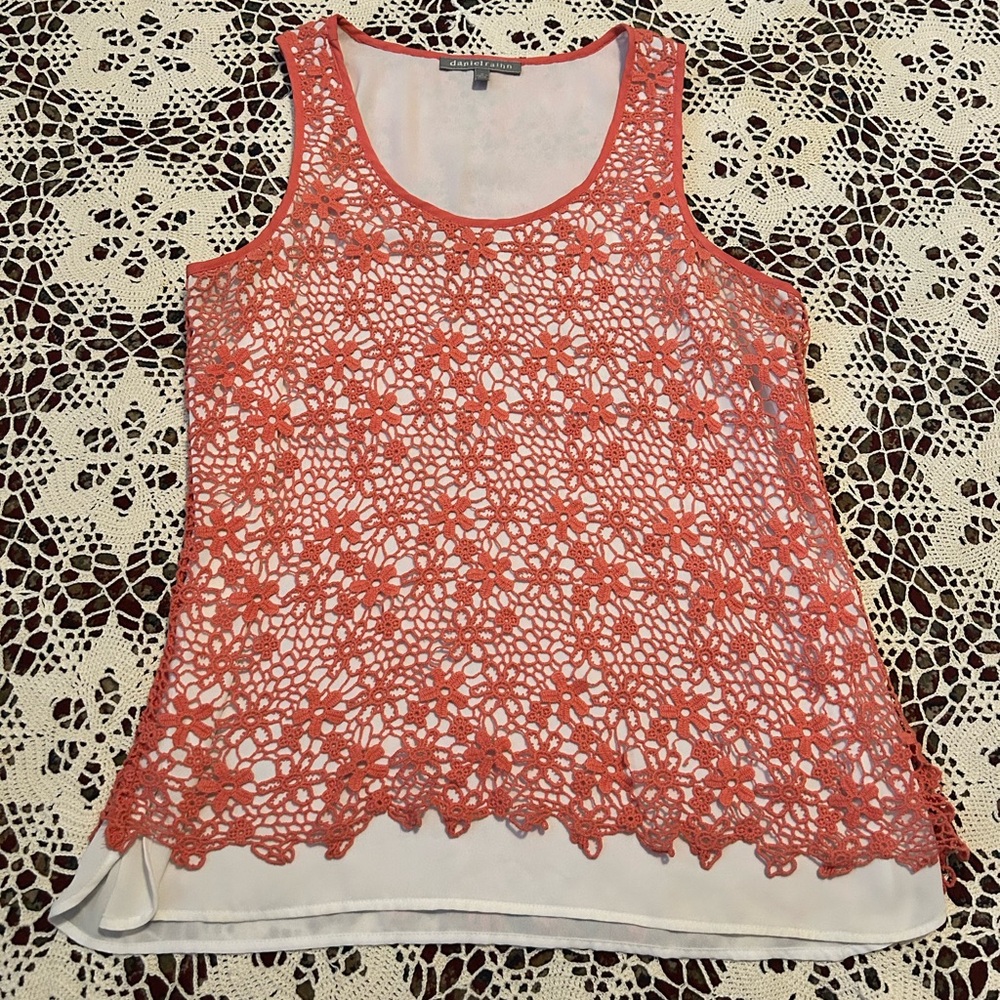 Daniel Rainn Coral Floral Crochet Overlay Tank with White Lining